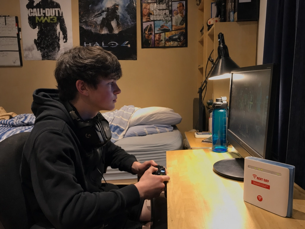 Student gaming with a Next Day Broadband router on the desk